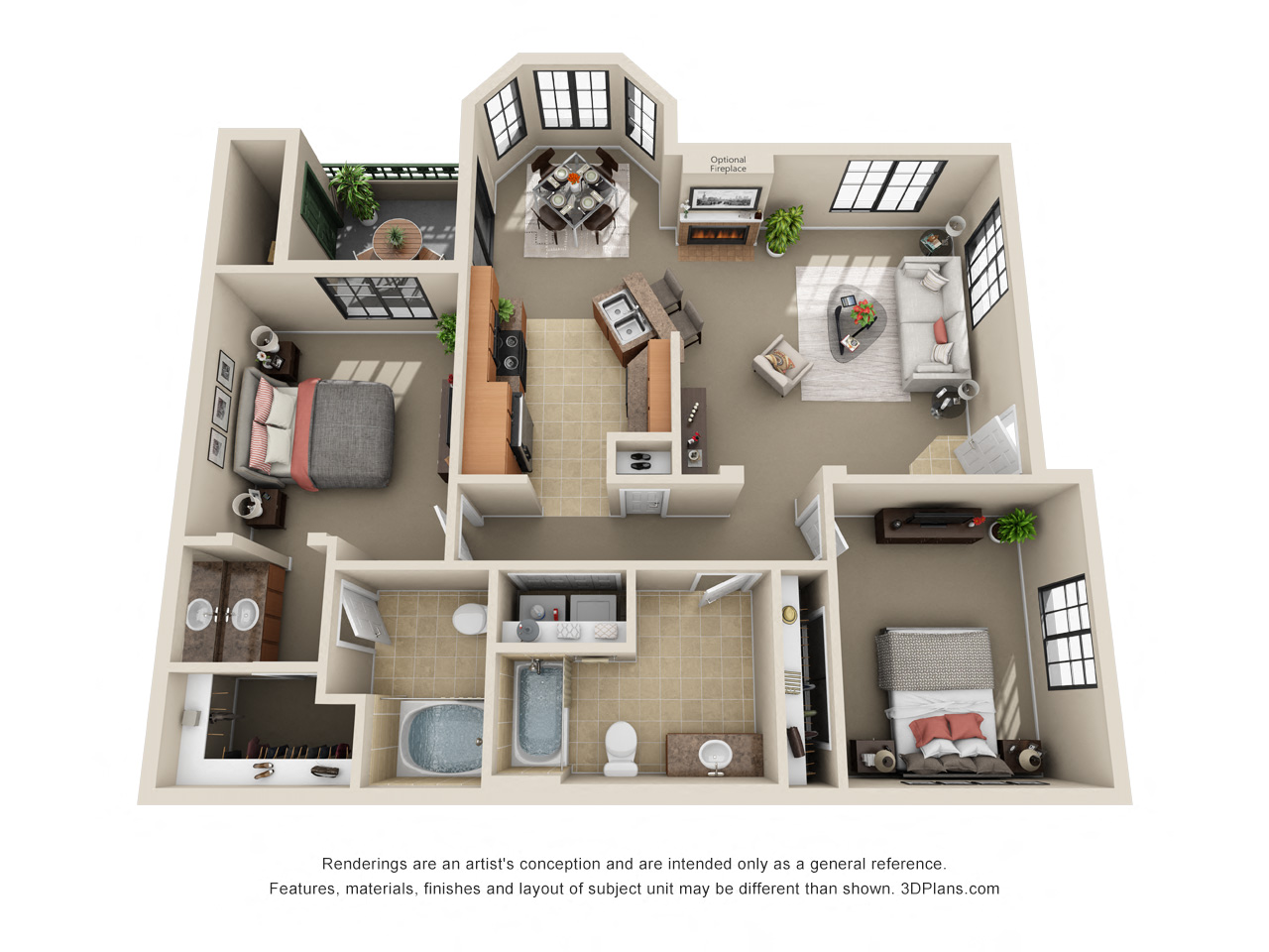 Floor plan for 2 beds, 2 baths, 1126 sqft